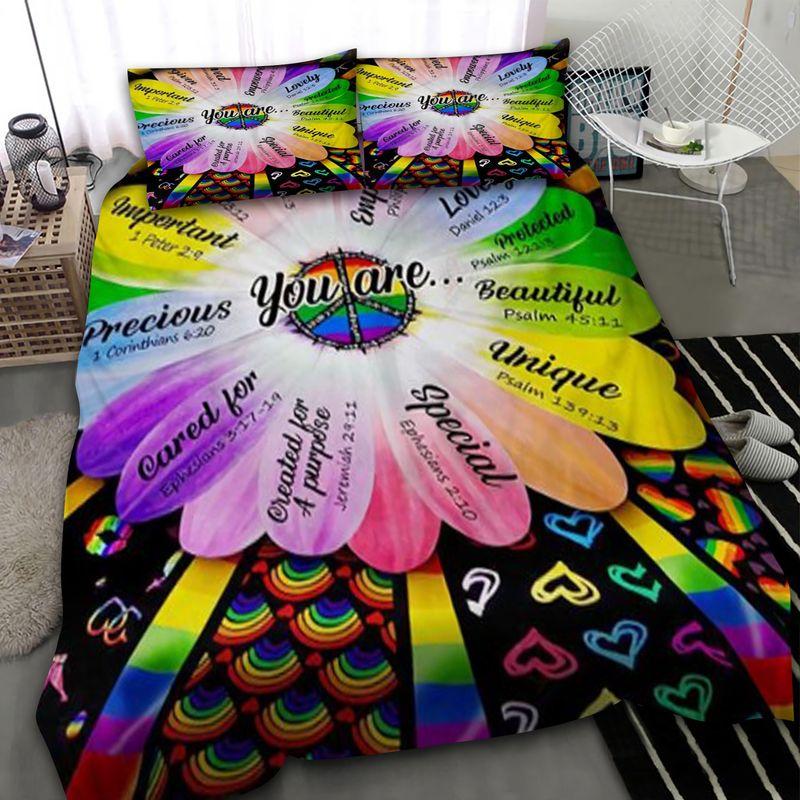 Pride Month Bedding Set Rainbow Daisy Flower You Are Unqie Precious Lgbtq+
