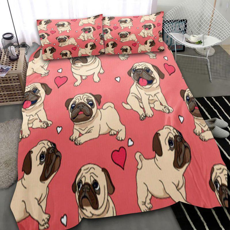 Cute Pug Cartoon Art Pattern Bedding Set I Love My Pug Bed Set Pug Lover Gift