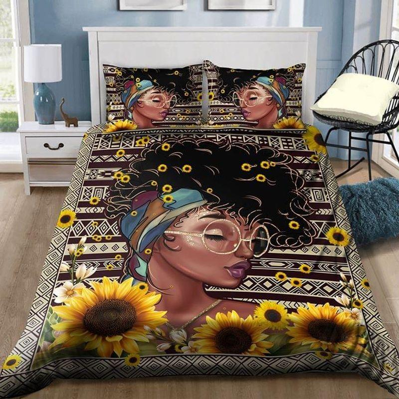 Black Woman Sunflower Tribal Pattern Bedding Set Black History Month