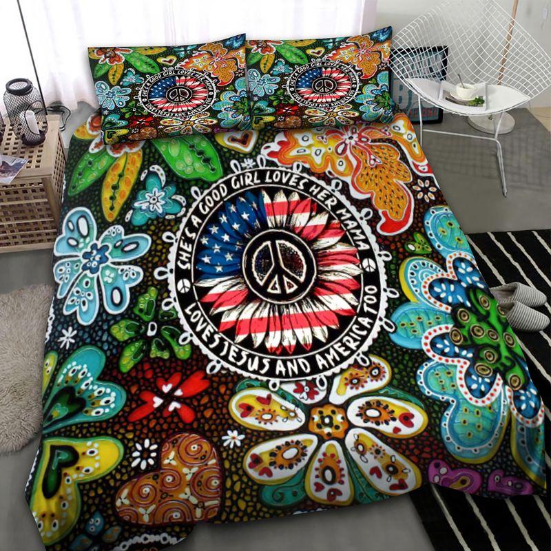 Jsus Hippie Peace Sign Bedding Set Abstract Colorful Flowers She Is A Good Girl Loves Her Mama