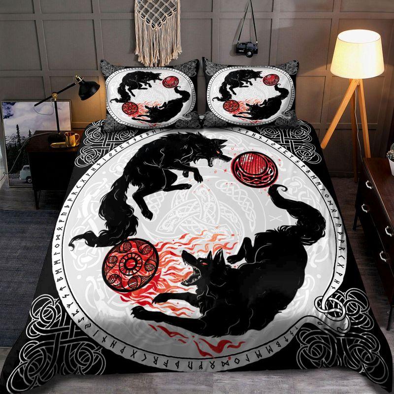 Viking Wolf Hati And Skoll Sun And Moon Bedding Set Tribal Wolf Viking