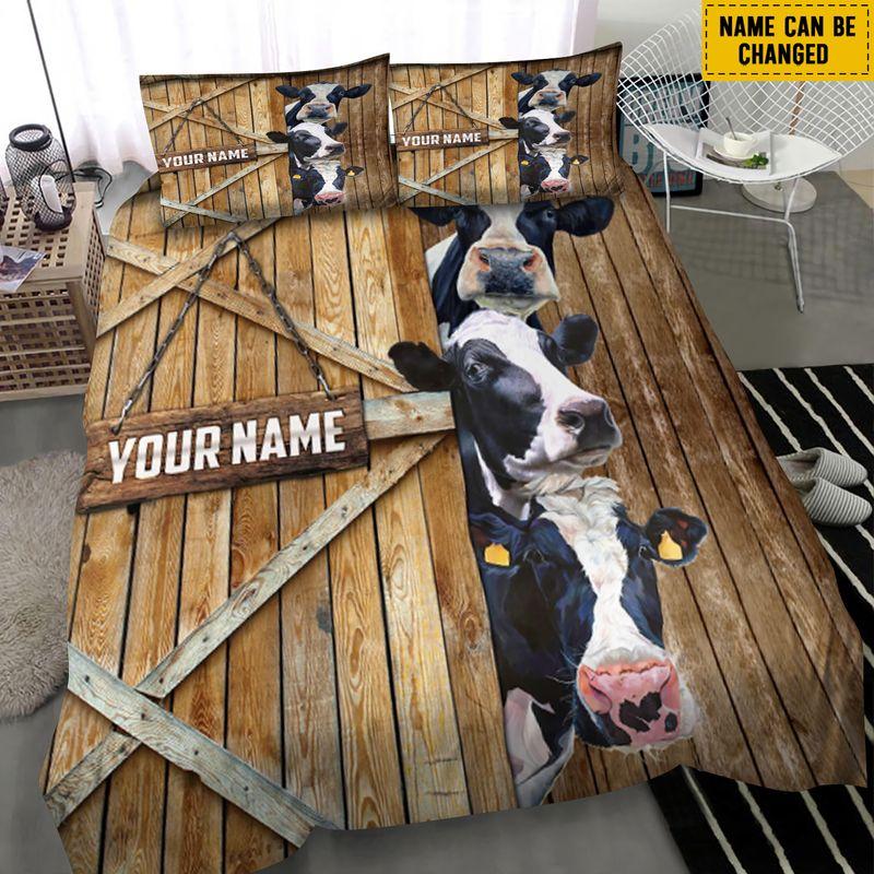 Custom Name Cow Bedding Set Wood Door Barn Farmhouse Farmer Gift