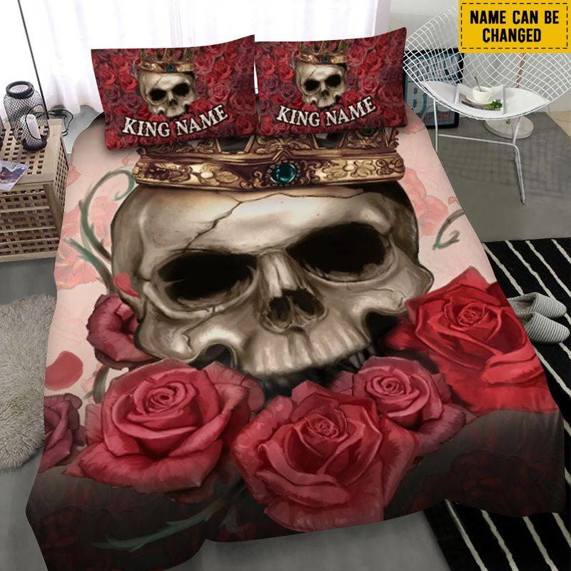 Customize Name Couple Skull Art Bedding Set King Skull And Roses