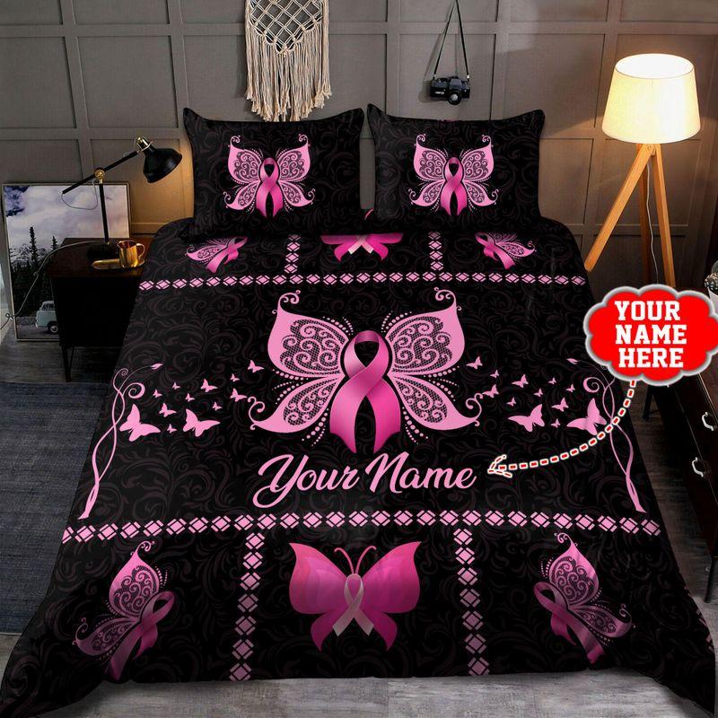Custom Name Breast Cancer Bedding Set Butterfly Breast Cancer Fighters