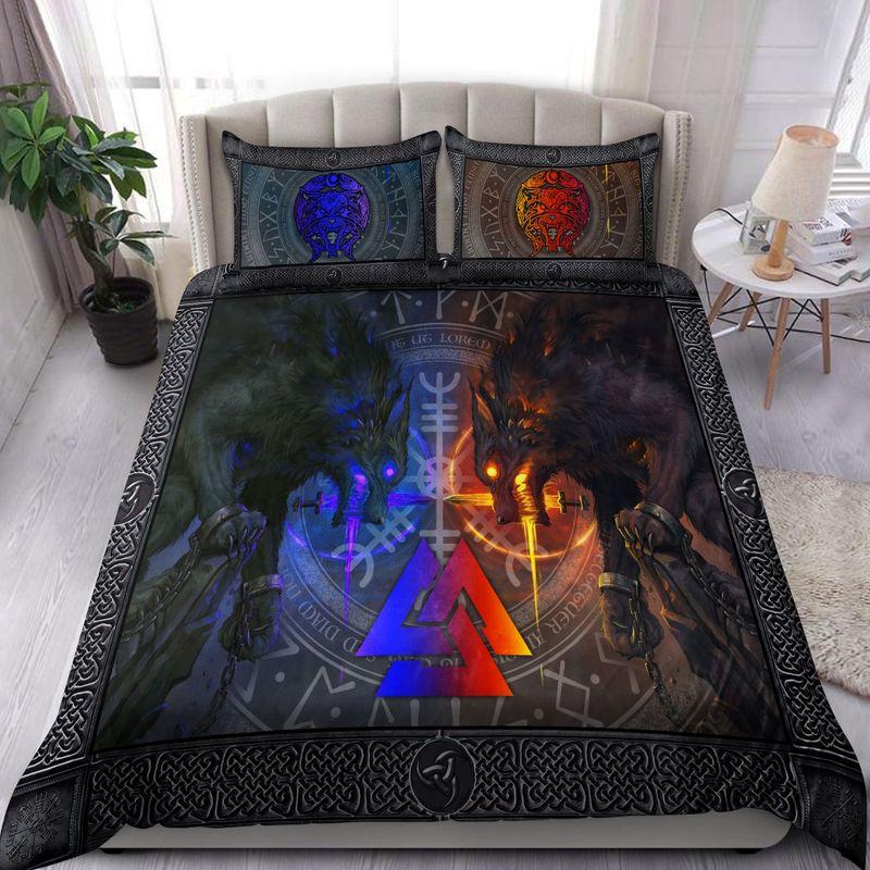 Viking Bedding Set Wolf Couple Viking Knot Pattern Viking Gift