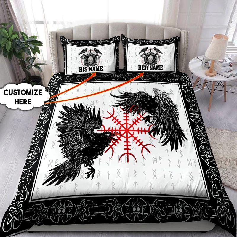 Customize Name Couple Raven Viking Bedding Set Viking Pattern