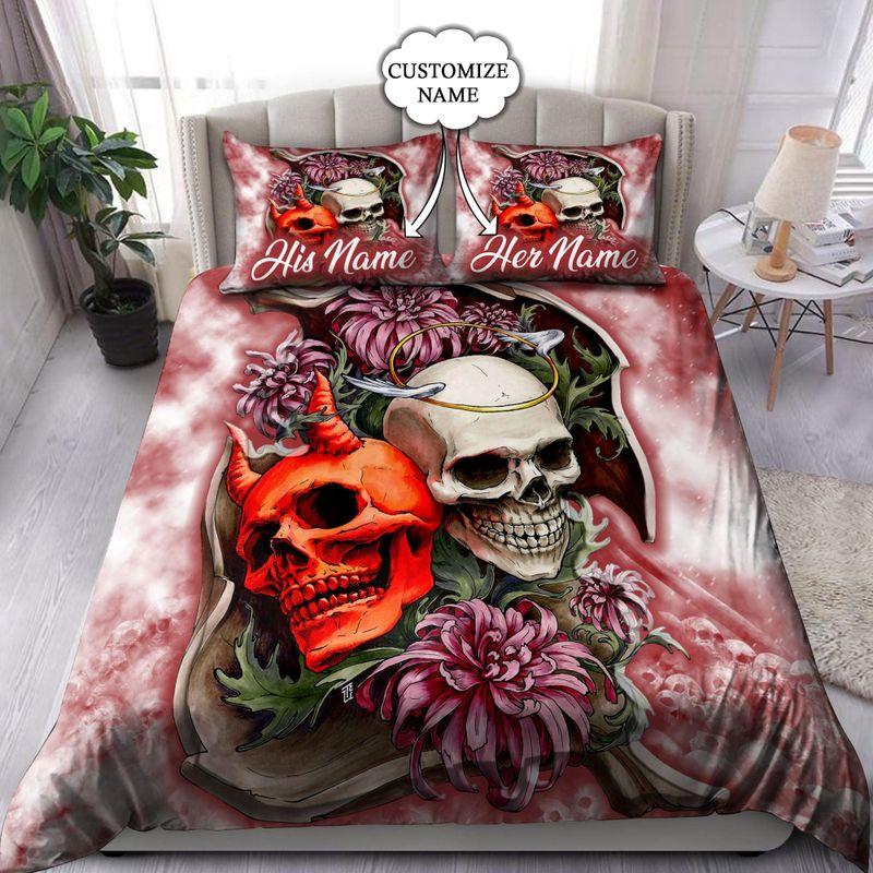 Customize Name Skull Demon And Angel Bedding Set Pink Flower Print Halloween Gift