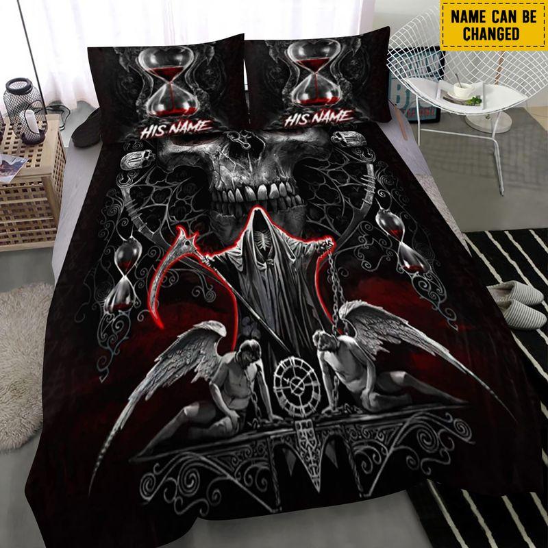 Customize Name Skull Art Bedding Set Couple Halloween Gothic Skull