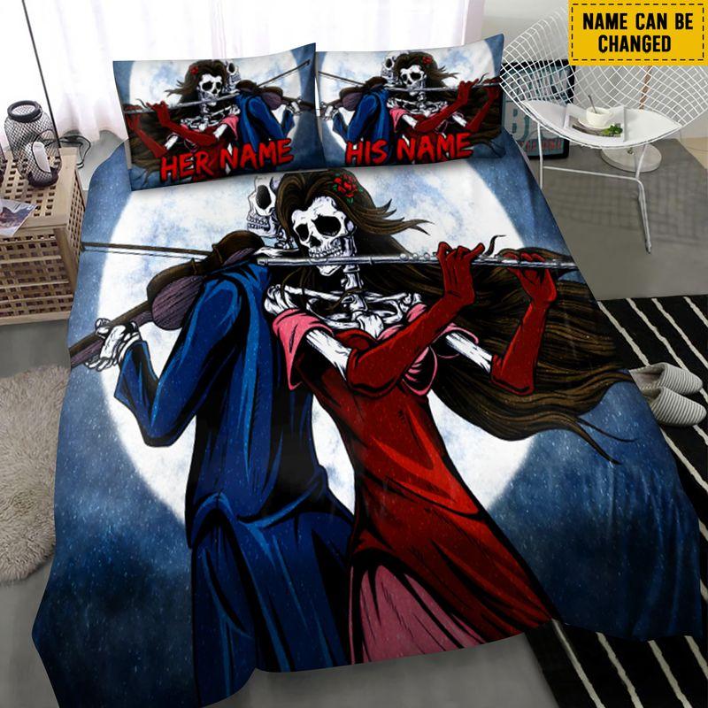 Customize Name Day Of The Dead Bedding Set Music Player Moon Night