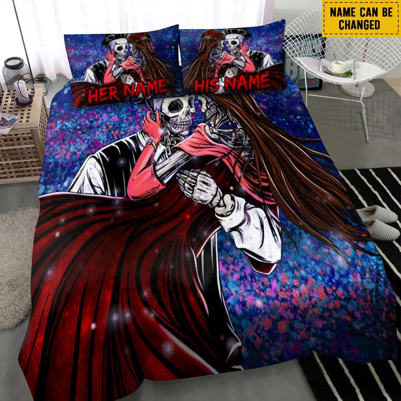 Customize Name Day Of The Dead Bedding Set Mexican Skull Couple