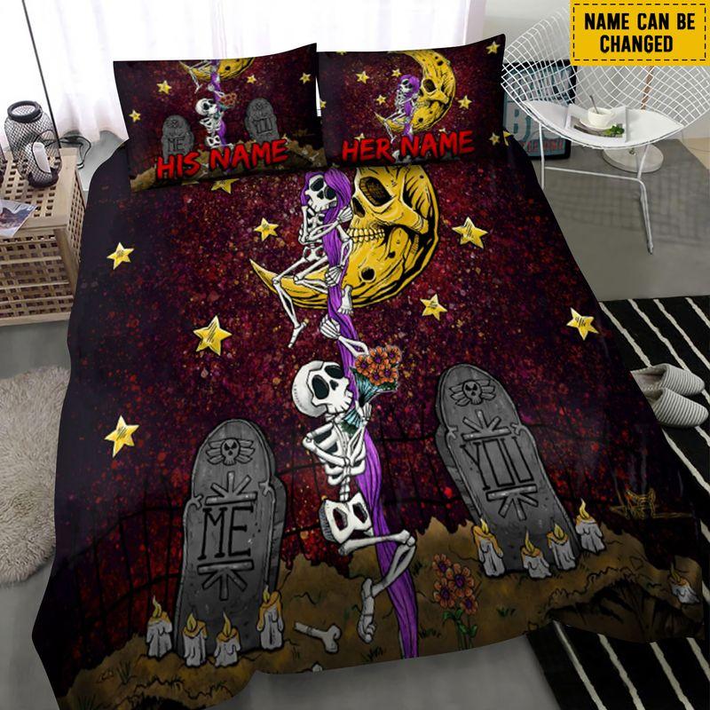 Customize Name Day Of The Dead Bedding Set Cute Moon Night Halloween Gift