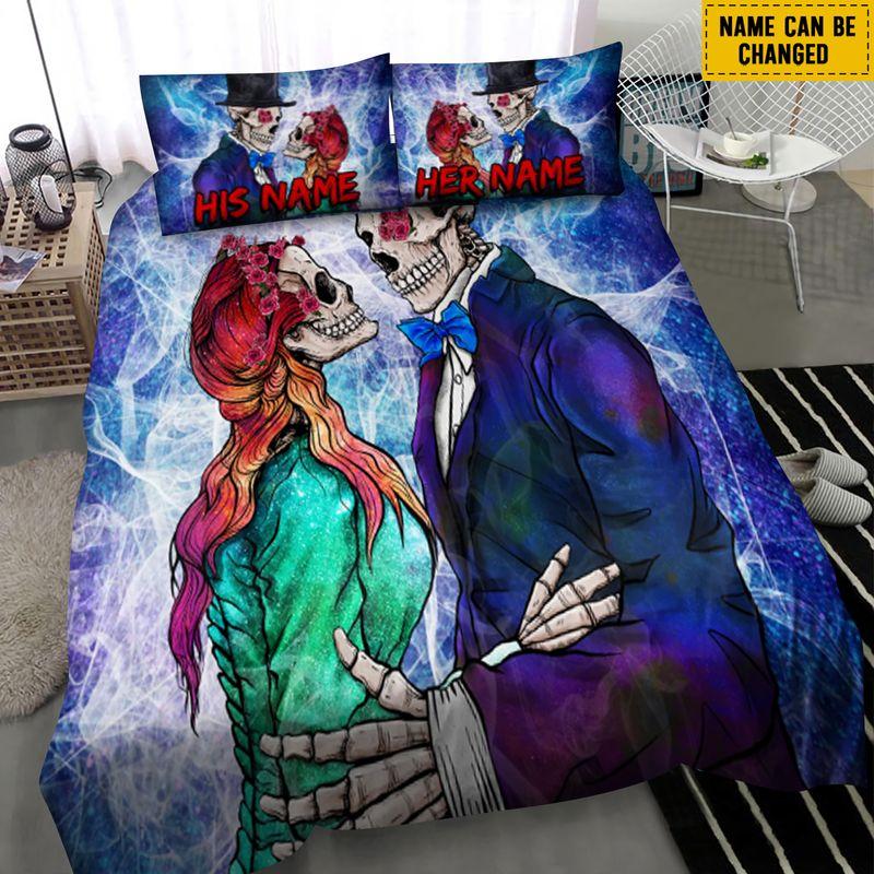 Customize Name Day Of The Dead Couple Bedding Set Magic Background Couple Gift