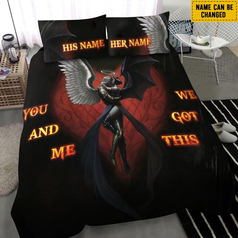 Customize Name Skull Bedding Set Angel And Demon Couple You And Me We Got This
