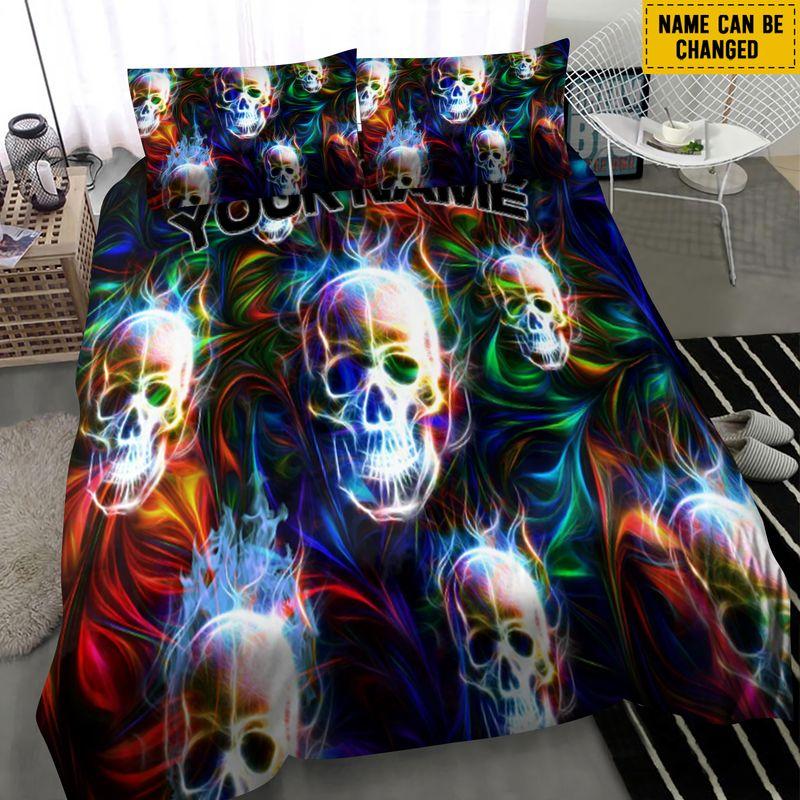 Customize Name Coloful Skull Bedding Set Neon Skull Printing