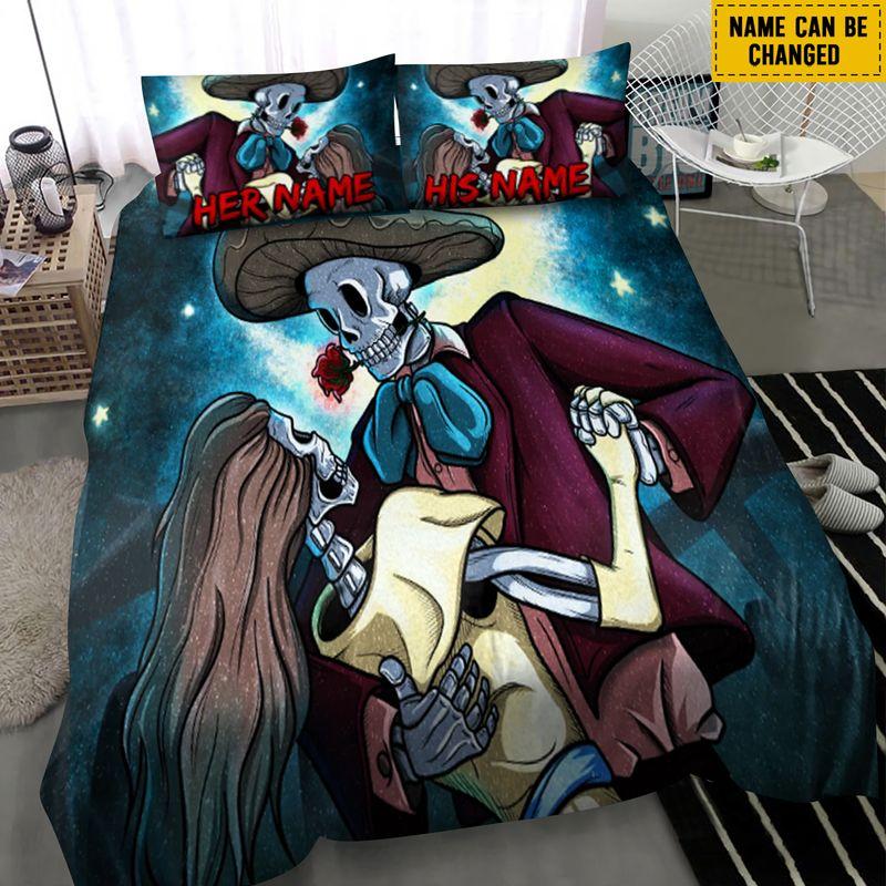 Customize Name Day Of The Dead Bedding Set Love Couple Bedroom Decor
