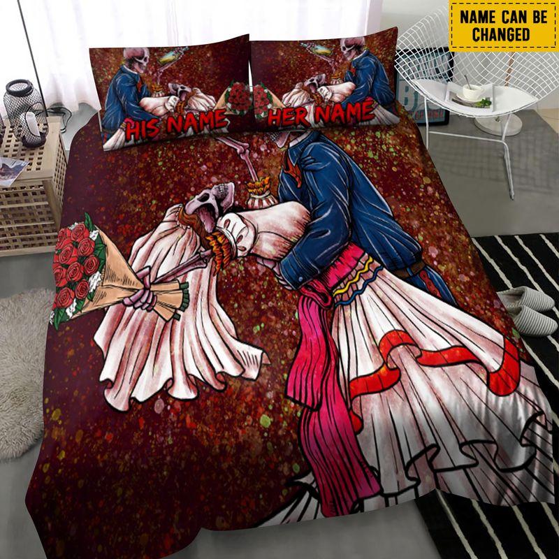 Customize Name Day Of The Dead Bedding Set Love Couple Wedding Anniversary Gift
