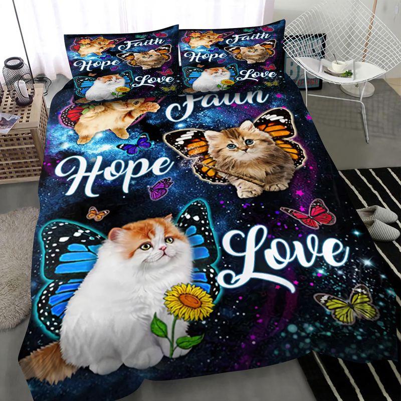Cat Butterfly Bedding Set Cute Kitty Faith Hope Love Galaxy Background