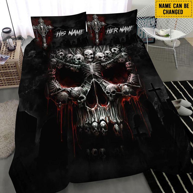 Customize Name Skull Art Bedding Set Halloween Creepy Skull Couple Gift