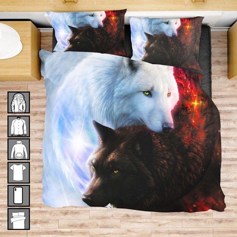 Black And White Wolves 3D Print Bedding Set Yin Yang Pattern Bedding Set Fire Bedding Set Wolf Lover