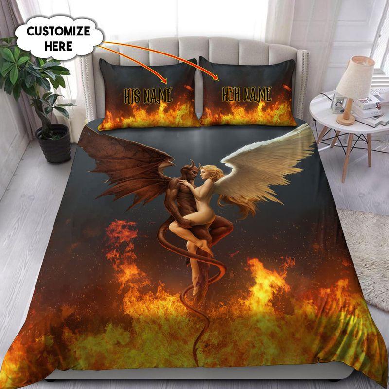 Customize Name Skull Bedding Set Evil And Angel Couple On Fire