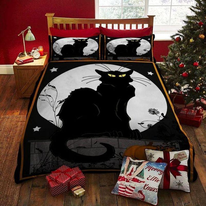 Black Cat On Wall Under Moon Scary Night Town Bed Set Halloween Day Great Gift