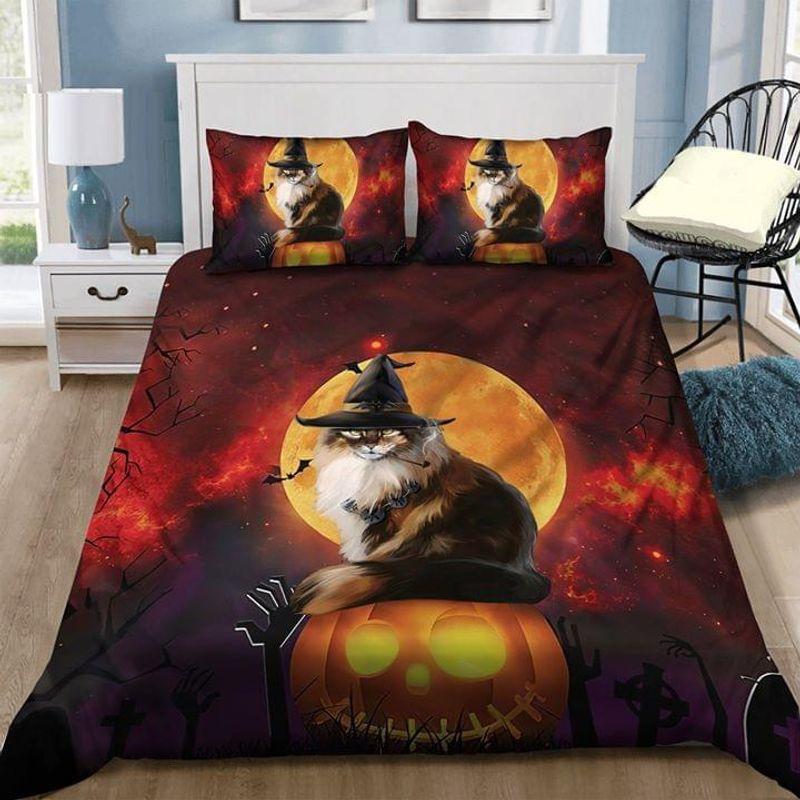 Cool Cat Wear Witch Hat Under Moon Night Bed Set Halloween Mode