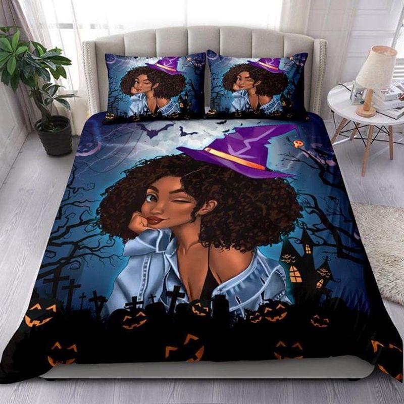 Black Girl Wear Witch Hat Little Queen Witch Bed Set Halloween Lovers