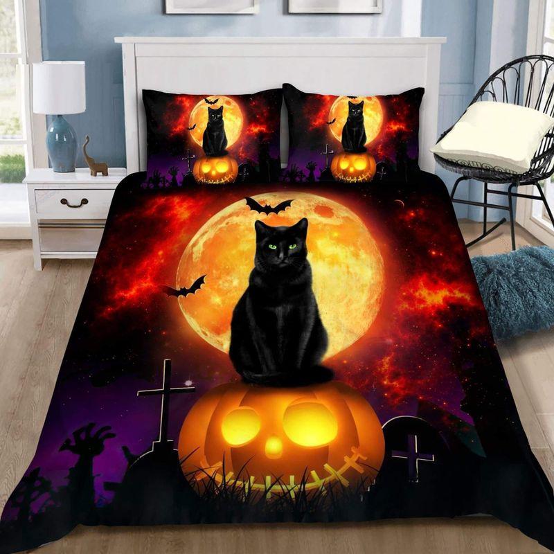 Under Red Moon Black Cat On Pump Bed Set Halloween Design Meaningful Gift