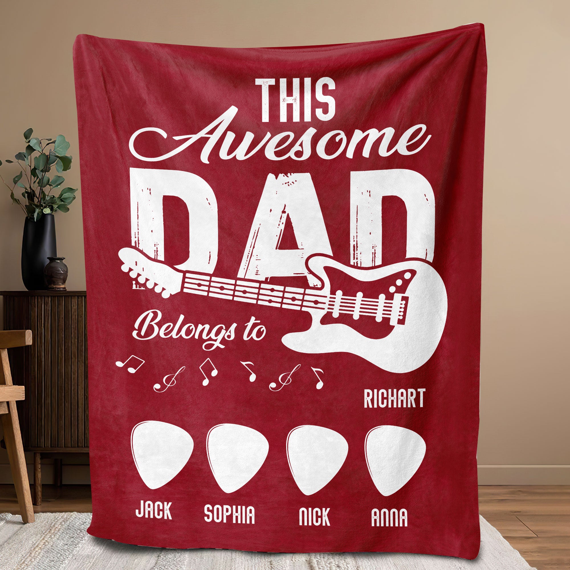 Petmytshirt Guitar Dad Blanket Custom Kids Name Guitar Soft Cozy Sherpa Fleece Throw Blanket