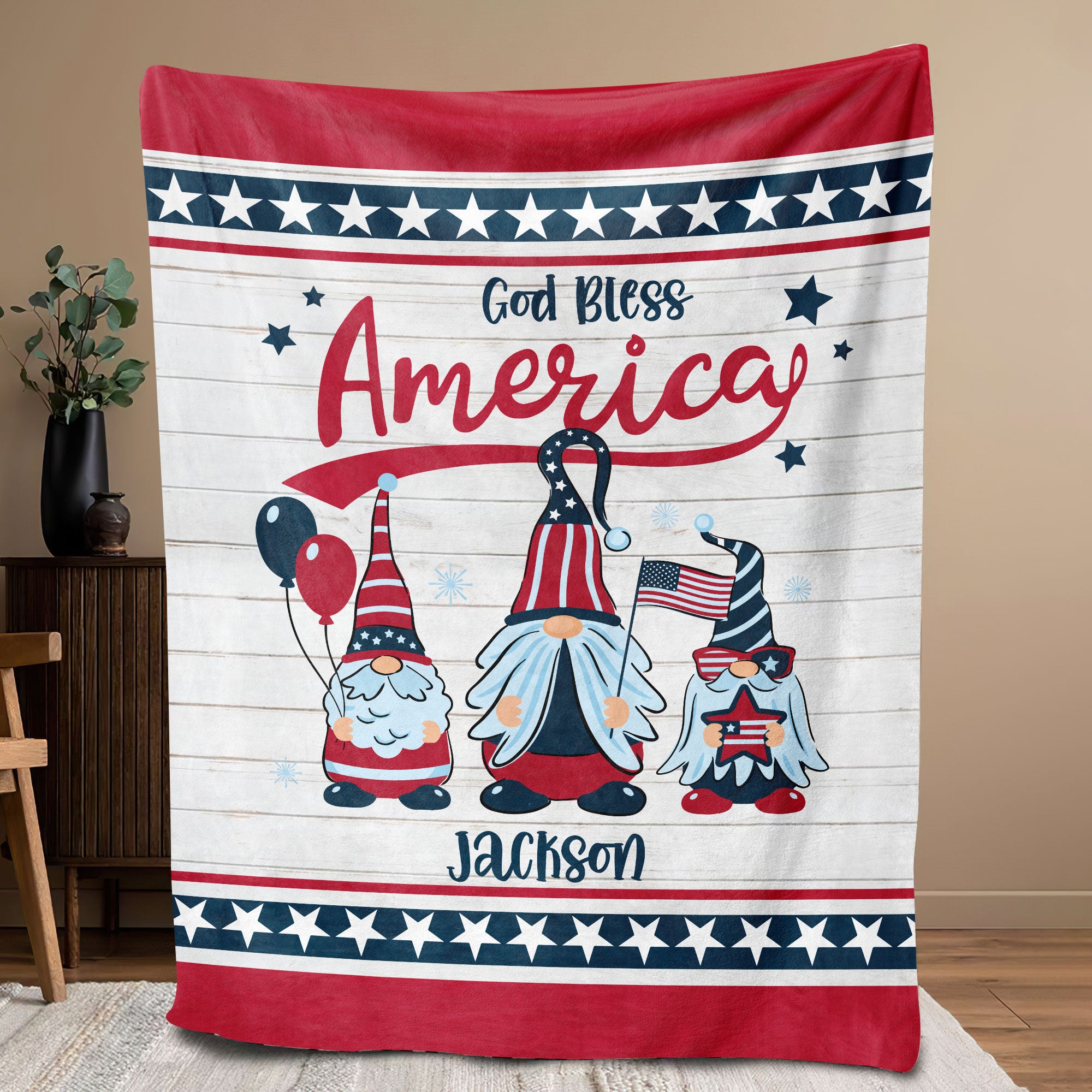 Petmytshirt Gnome 4th Of July Blanket God Bless America Blanket Custom Kids Name Soft Cozy Sherpa Fleece Throw Blanket Patriotic Gift for Mom Grandma