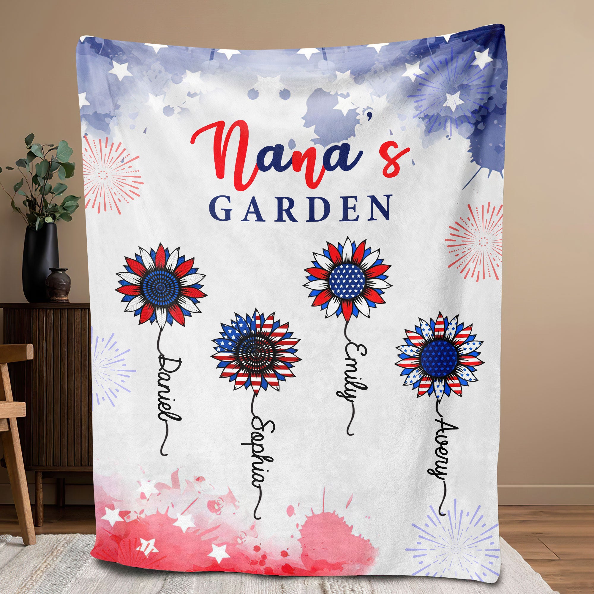 Petmytshirt Grandma 4th Of July Blanket Grandma's Garden Blanket Custom Kids Name Guitar Soft Cozy Sherpa Fleece Throw Blanket