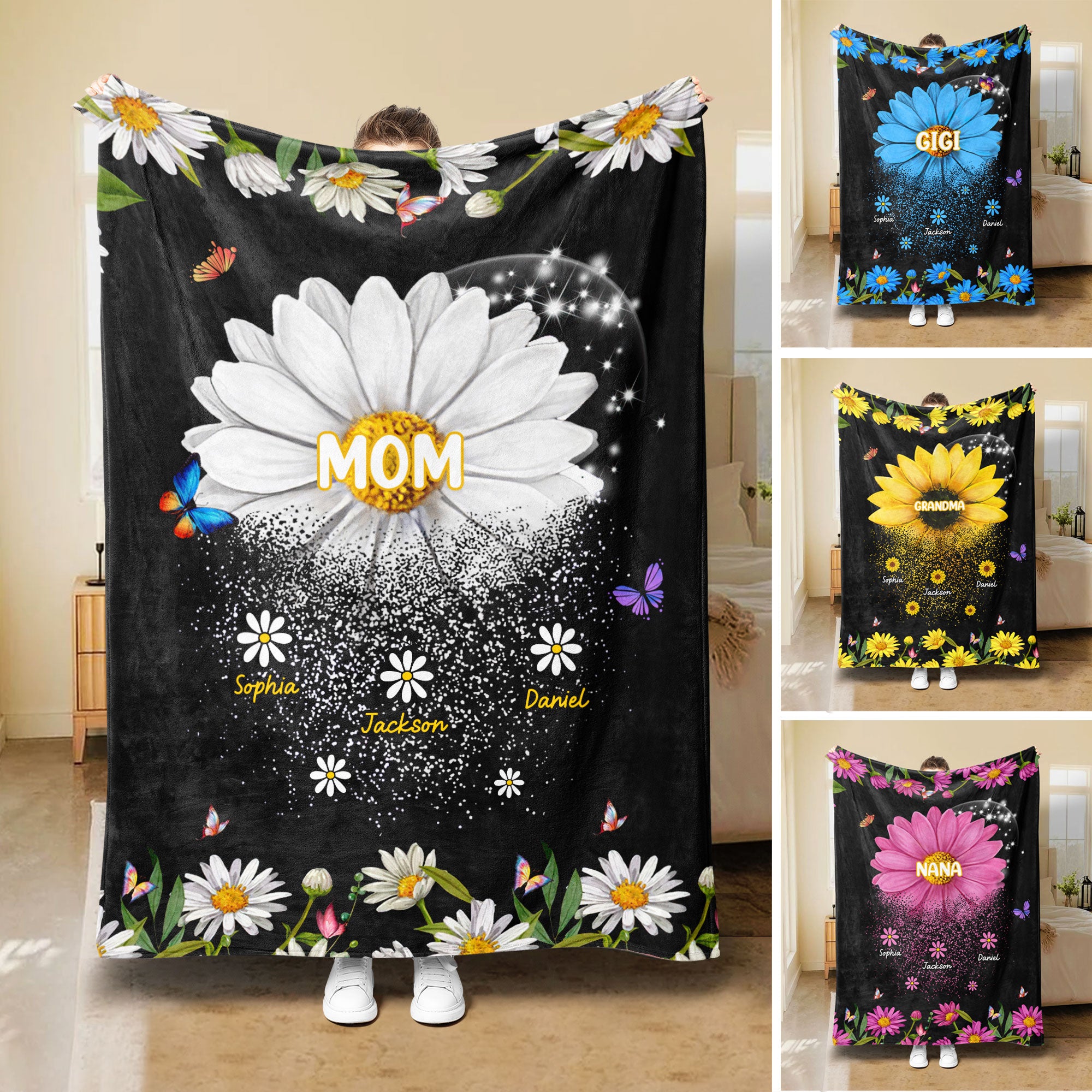 Petmytshirt Mom Blanket Custom Kids Names Daisy Mom Blanket Mother's Day Gift for Grandma Mom