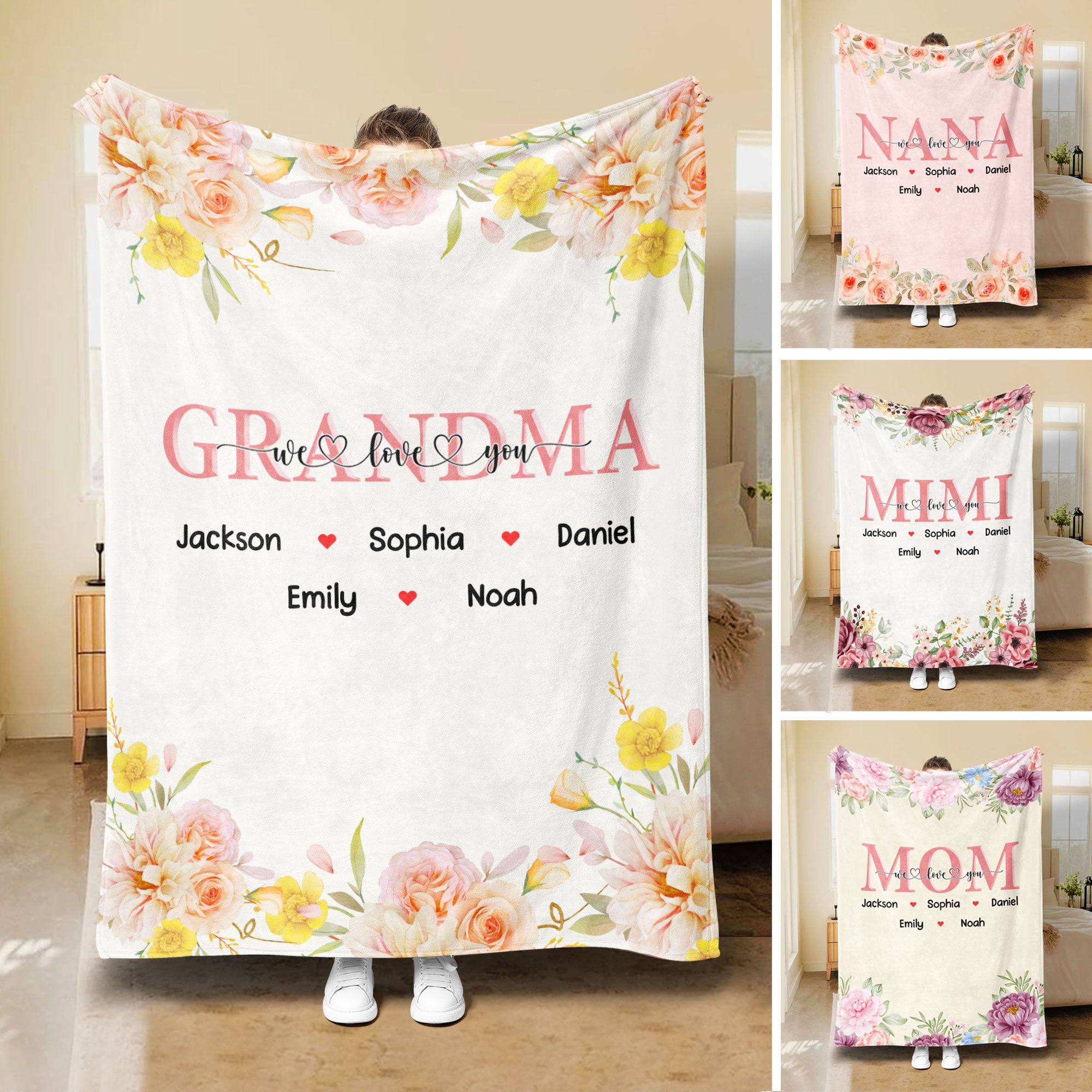 Petmytshirt Mom Blanket Custom Kids Names Flower Blanket Mother's Day Gift for Grandma Mom