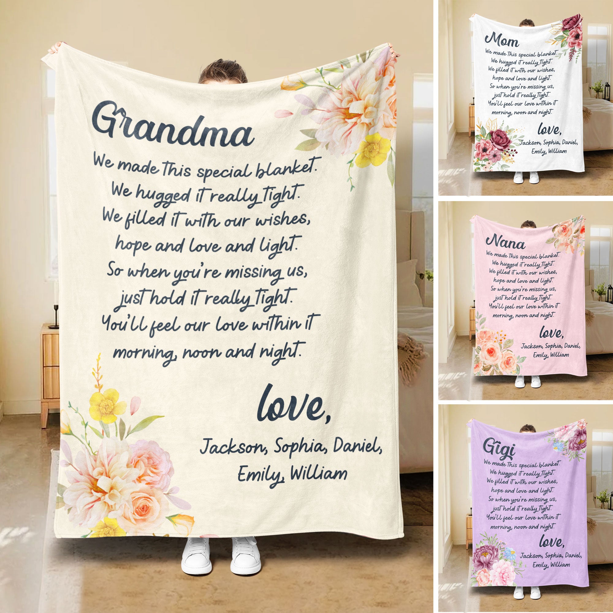 Petmytshirt Mom Blanket Custom Kids Names Mother's Day Gift for Grandma Mom