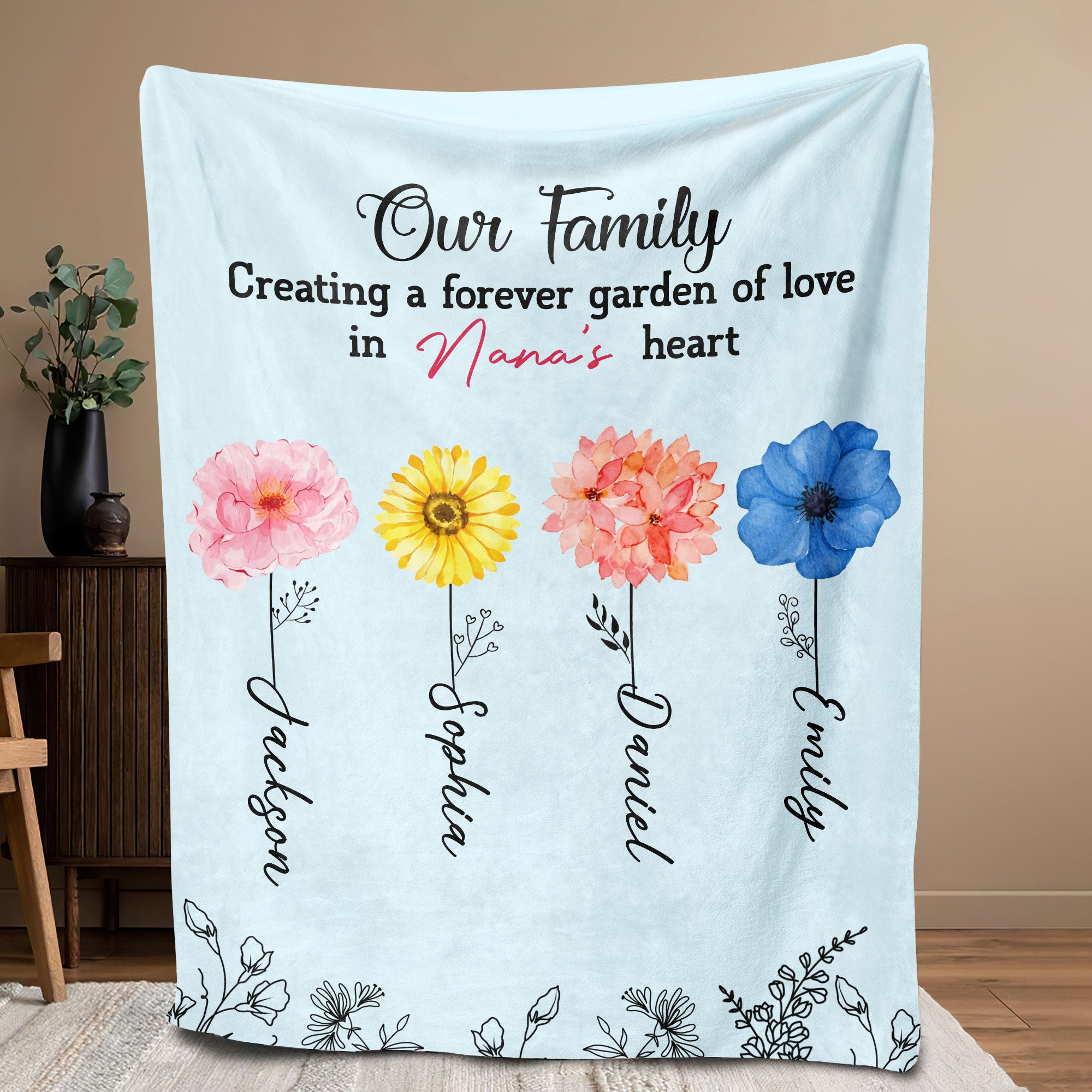 Petmytshirt Grandma Blanket Custom Grandma's Garden Heart Mother's Day Gift for Grandma Mom Nana