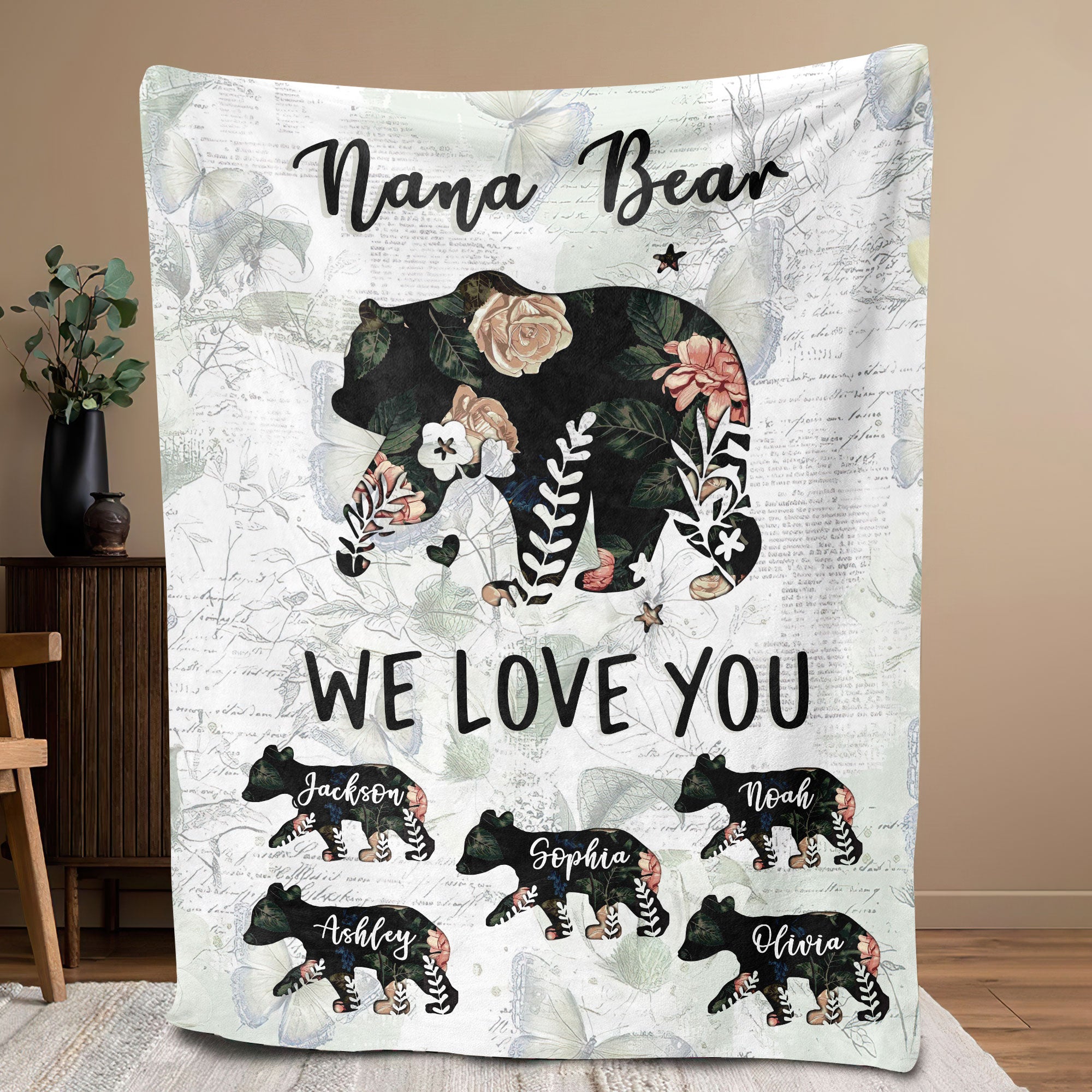 Petmytshirt Mama Bear Blanket Custom Name Floral Mama Bear Mother's Day Gift for Mom Grandma