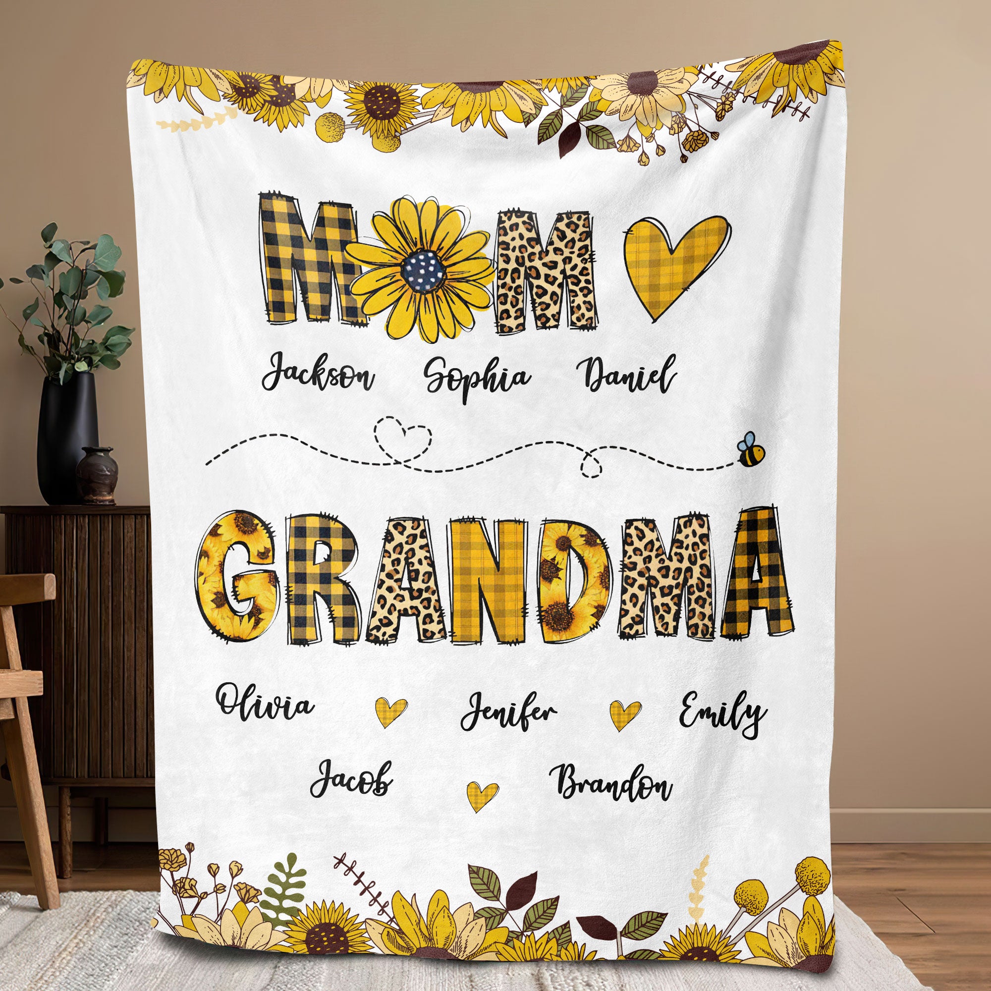 Petmytshirt Grandma Blanket Custom Kids Names Soft Cozy Sherpa Fleece Throw Blanket Sunflower Blanket Mother's Day Gift for Mom Grandma