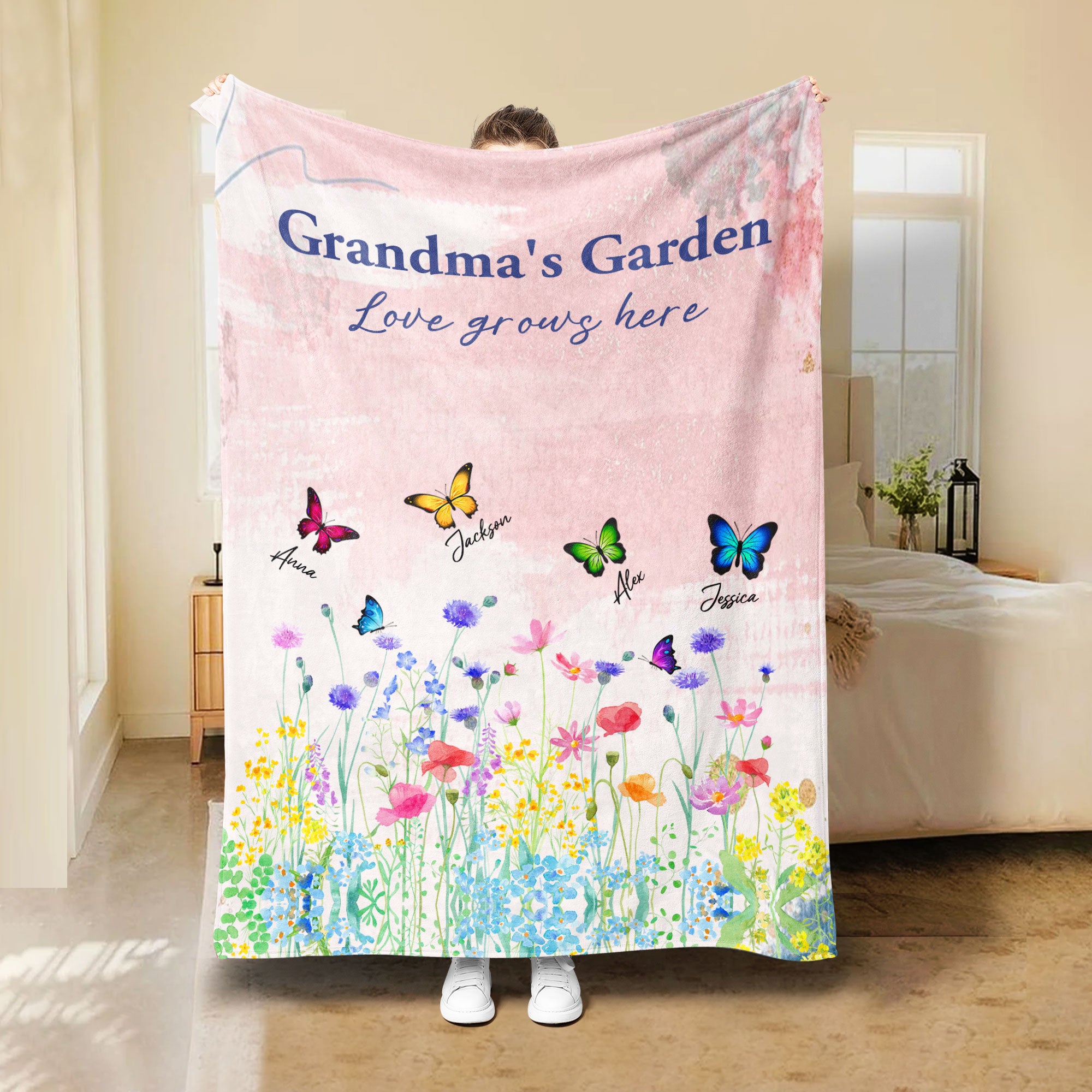 Petmytshirt Grandma Blanket Custom Grandma's Garden Butterfly Mother's Day Gift for Grandma Mom