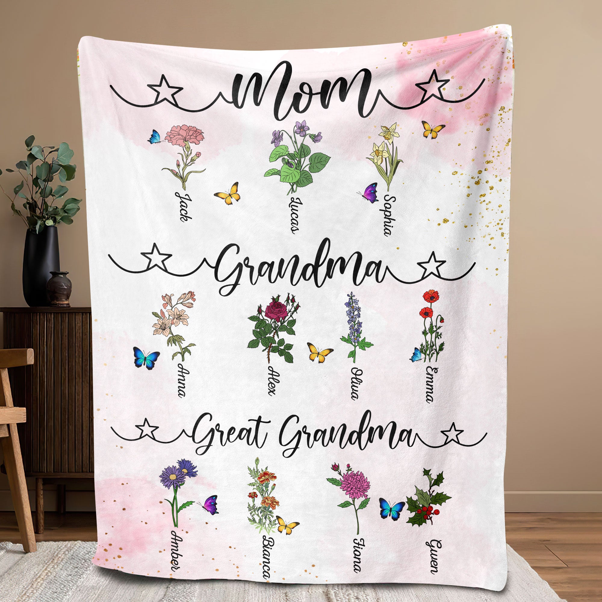 Petmytshirt Grandma Blanket Custom Grandkid Names Flower Mother's Day Gift for Mom Grandma
