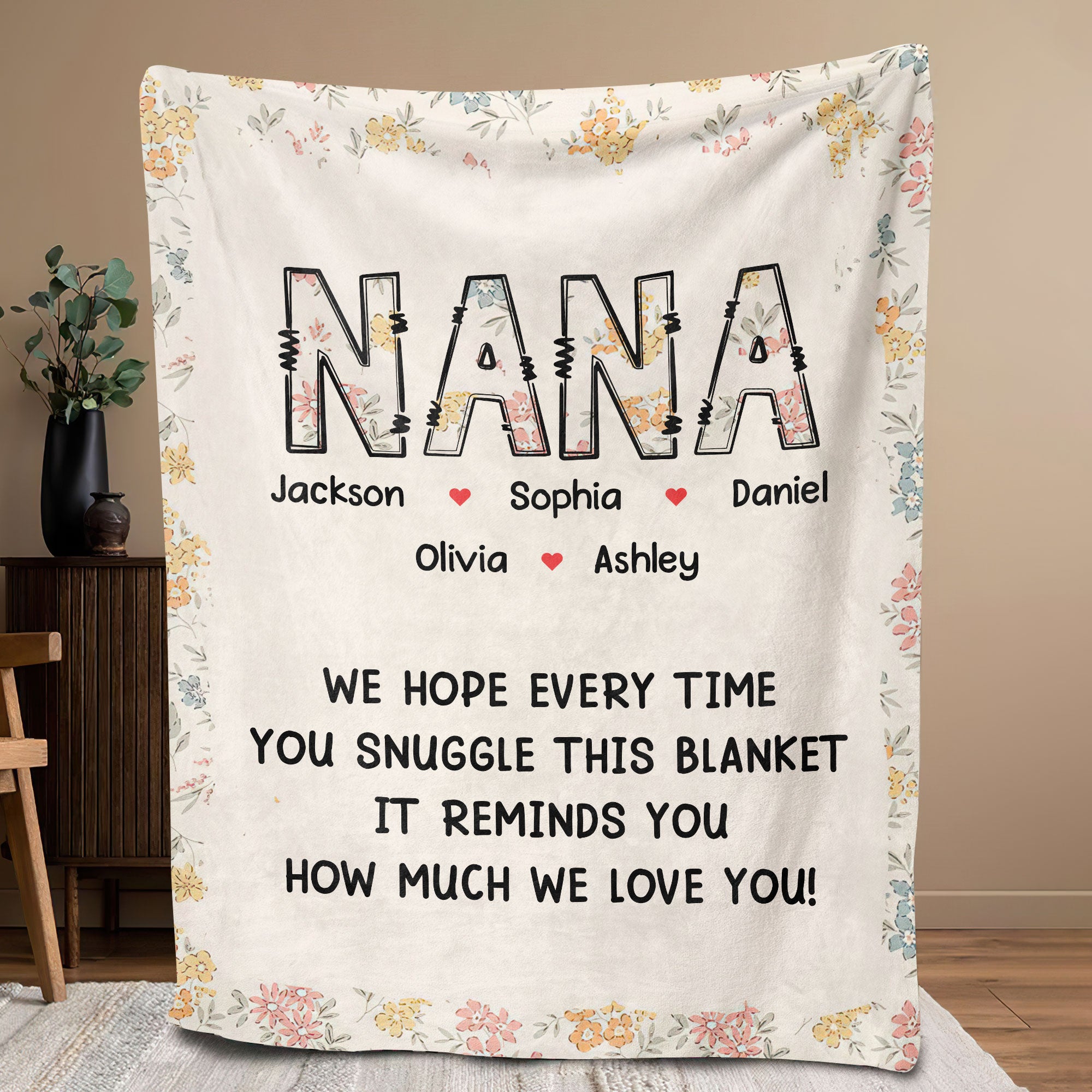 Petmytshirt Mom Blanket Custom Names Mom Flower Floral Blanket Mother's Day Gift for Mom Grandma