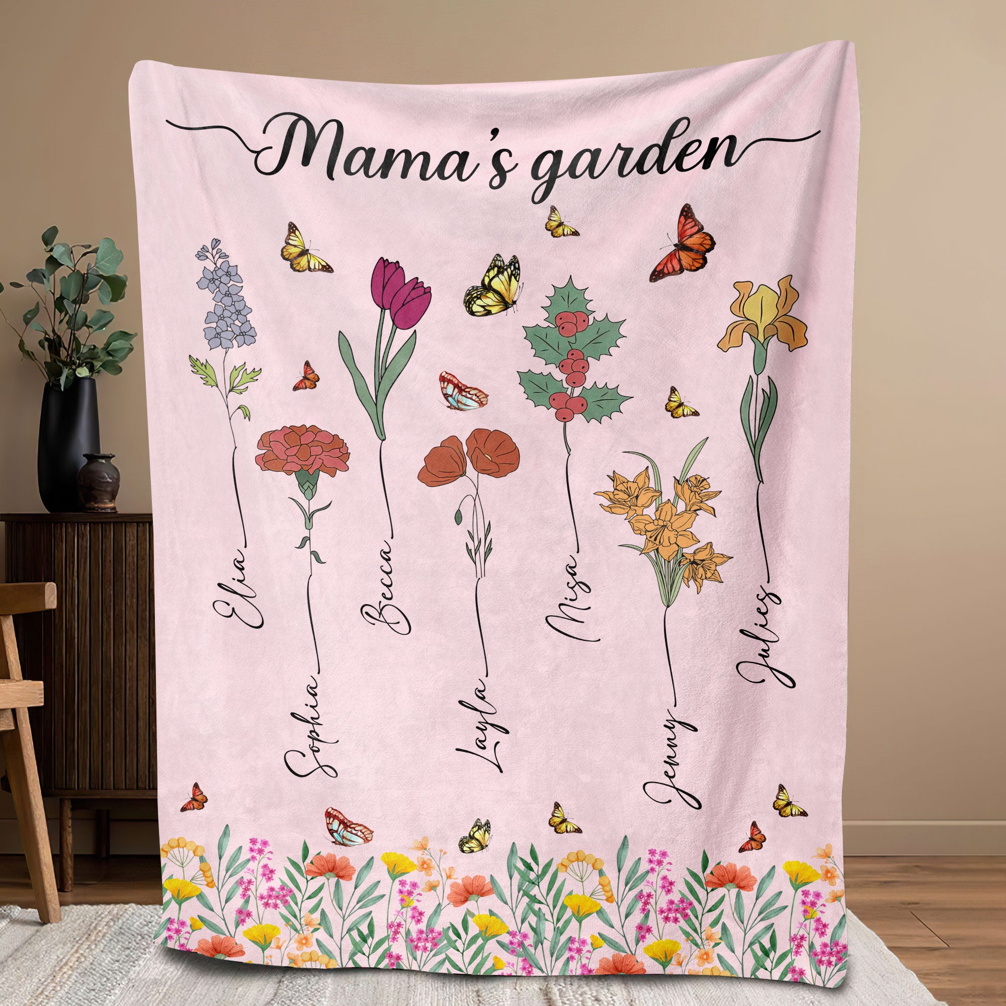 Petmytshirt Grandma Blanket Mom's Garden Blanket Custom Kids Name Floral Soft Cozy Sherpa Fleece Throw Blankets
