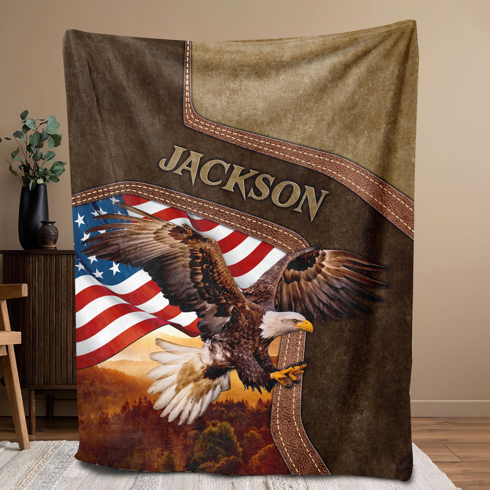 Petmytshirt Eagle Blanket Custom Name American Flag Blanket Patriotic Gift for Dad Grandpa Husband