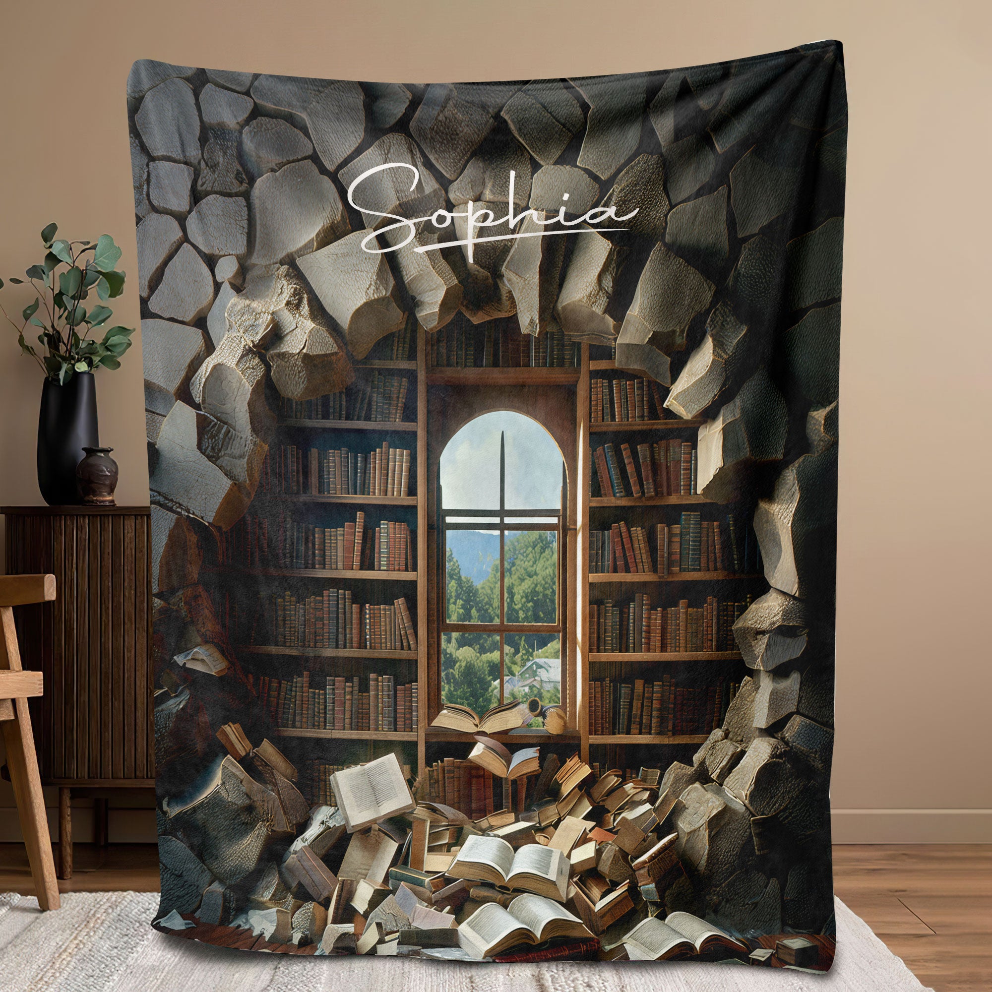 Petmytshirt 3D Book Blanket Custom Name Library 3D Bookshelf Blanket Gift for Book Lover Her