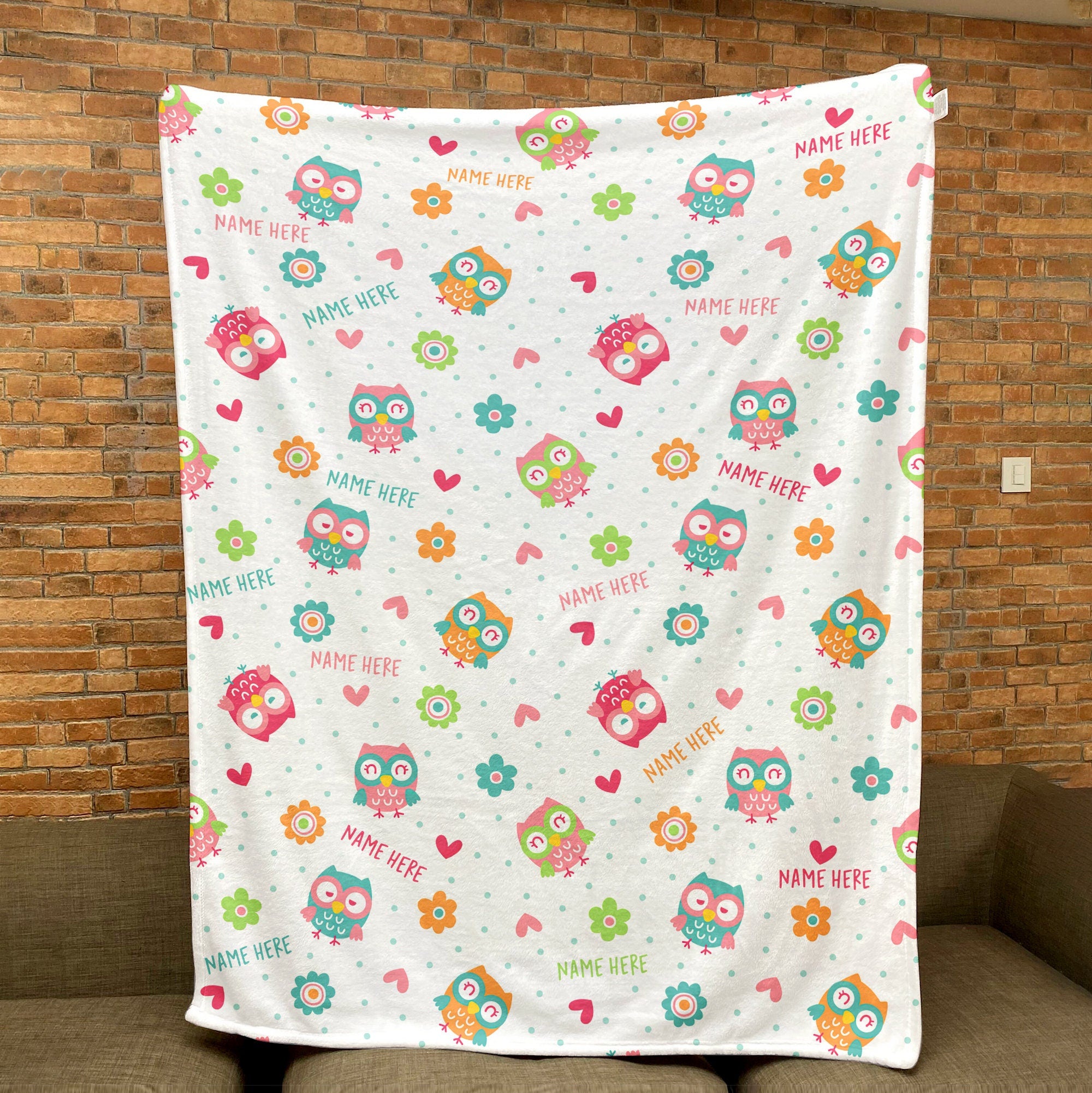 Petmytshirt Owl Blanket Cute Owl And Flower Blanket Custom Name Gift for Owl Lover Girl Kid