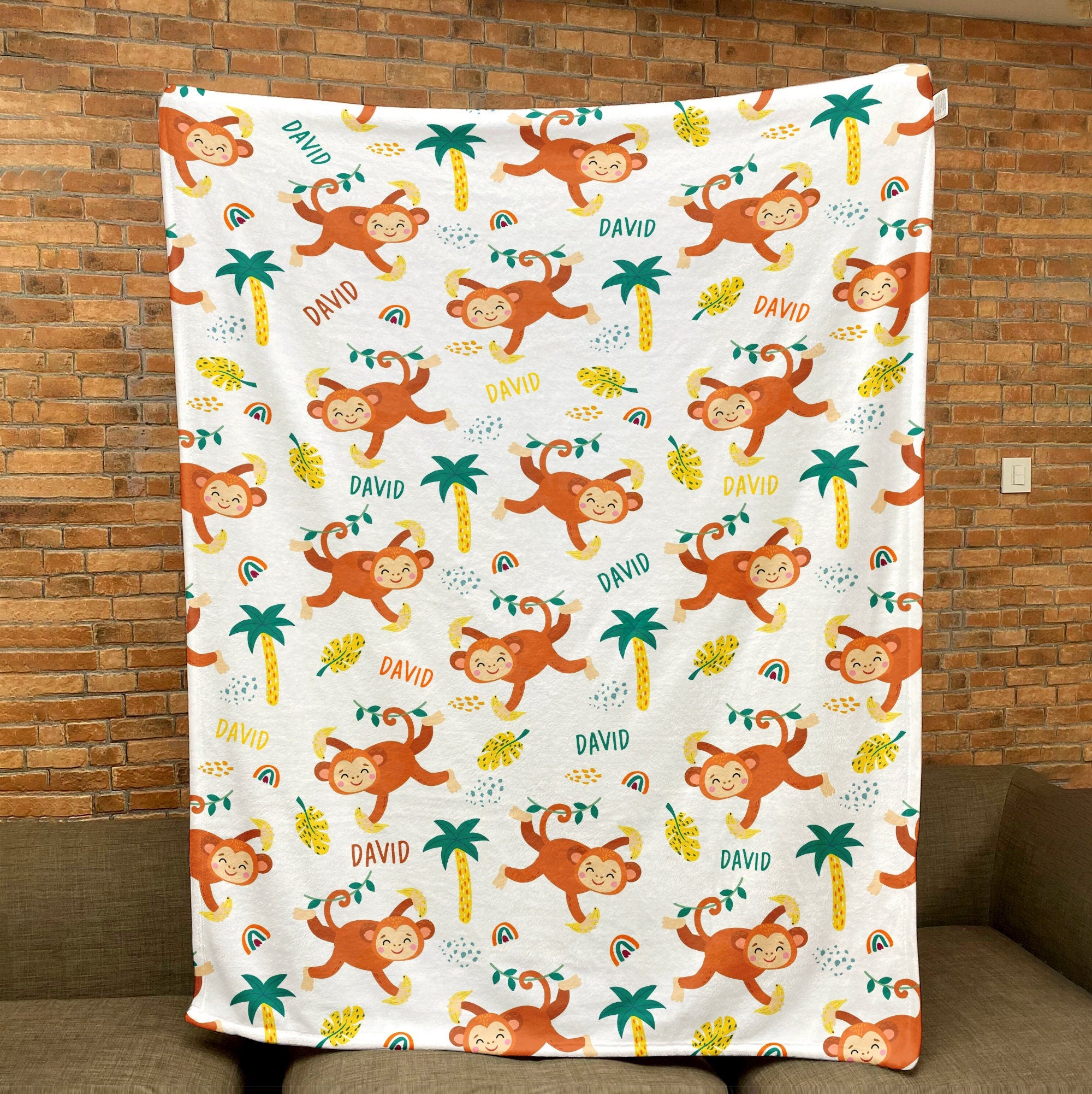 Petmytshirt Monkey Blanket Cute Monkey And Banana Blanket Custom Name Gift for Monkey Lover Kid