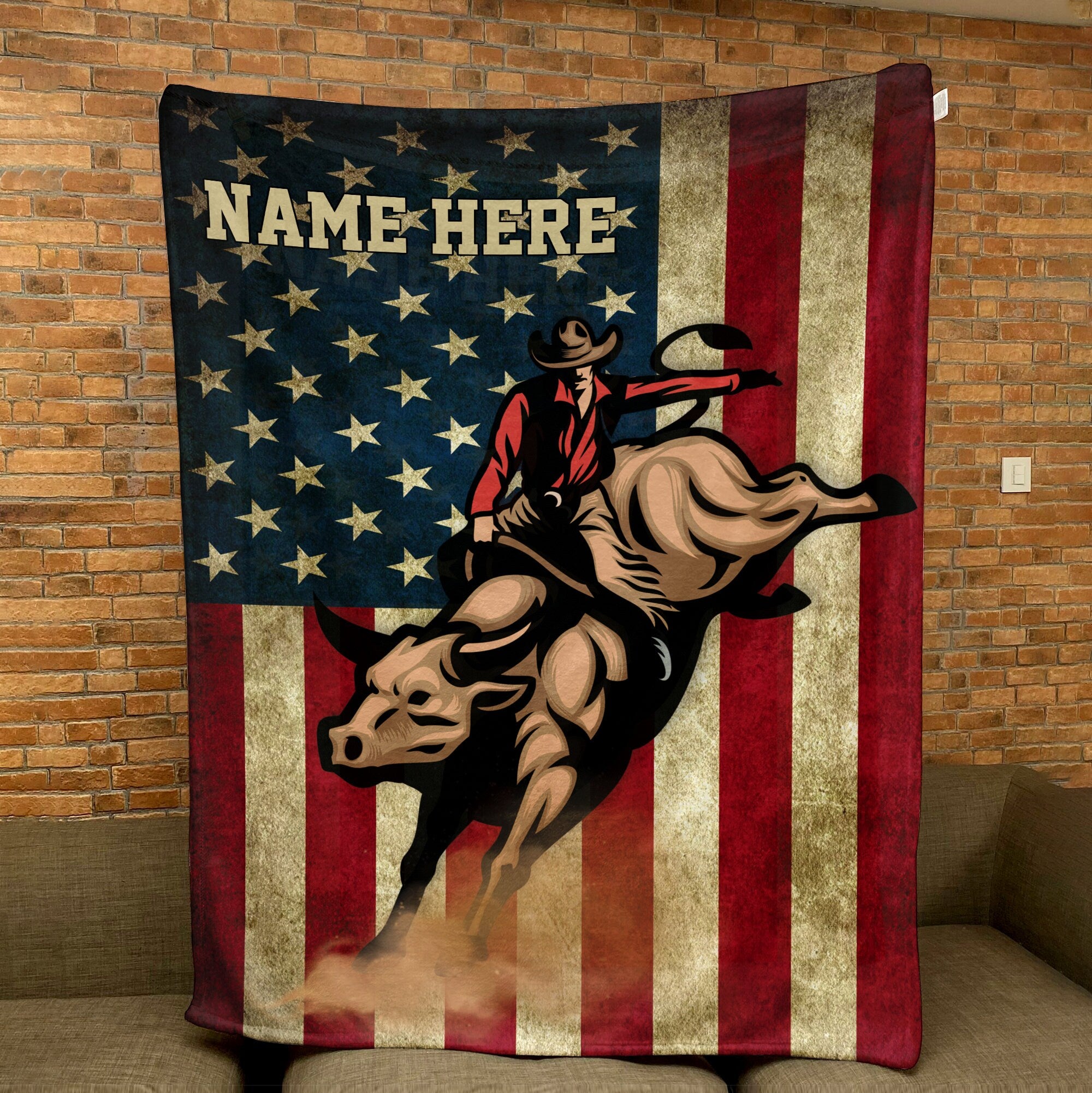 Petmytshirt Rodeo Bull Riding Blanket US Flag Blanket Custom Name Western Gift