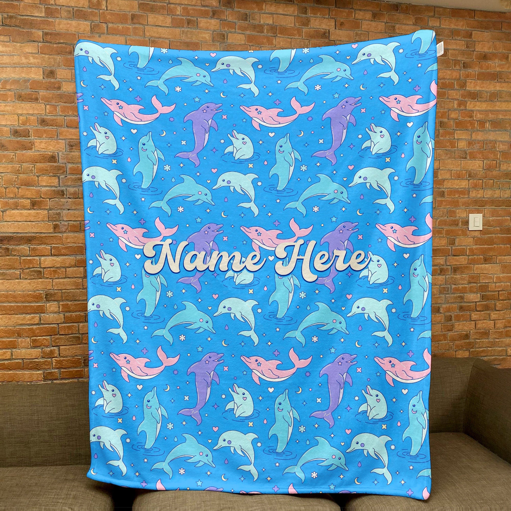 Petmytshirt Dolphin Blanket Ocean Animal Blanket Custom Name Gift for Dolphin Lover Kid