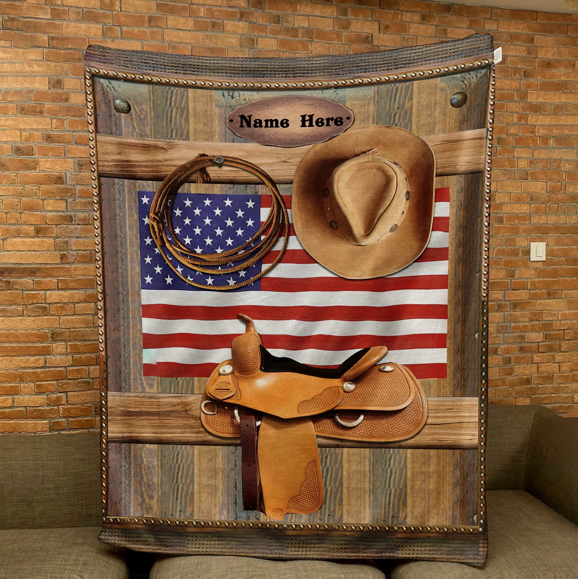 Petmytshirt Cowboy Blanket Cowboy Hat And US Flag Blanket Custom Name Western Gift