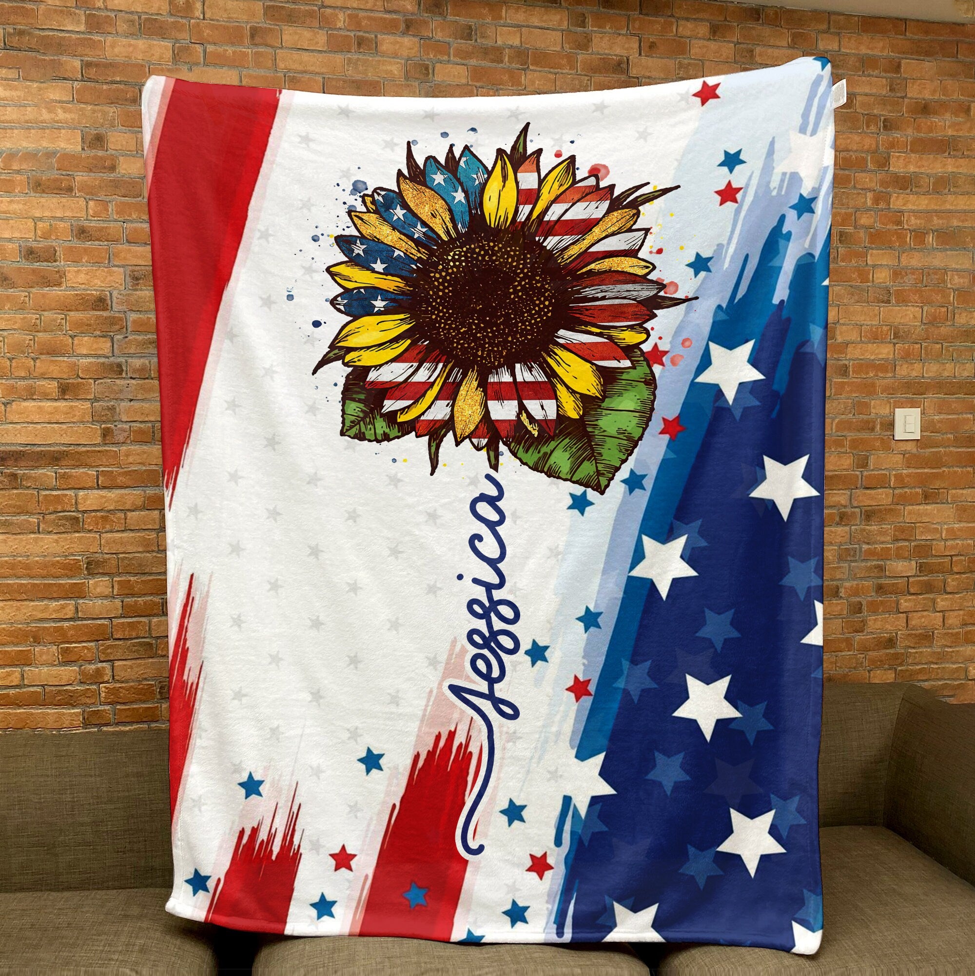 Petmytshirt America Sunflower Blanket US Flag Flower 4th of July Blanket Custom Patriotic Gift