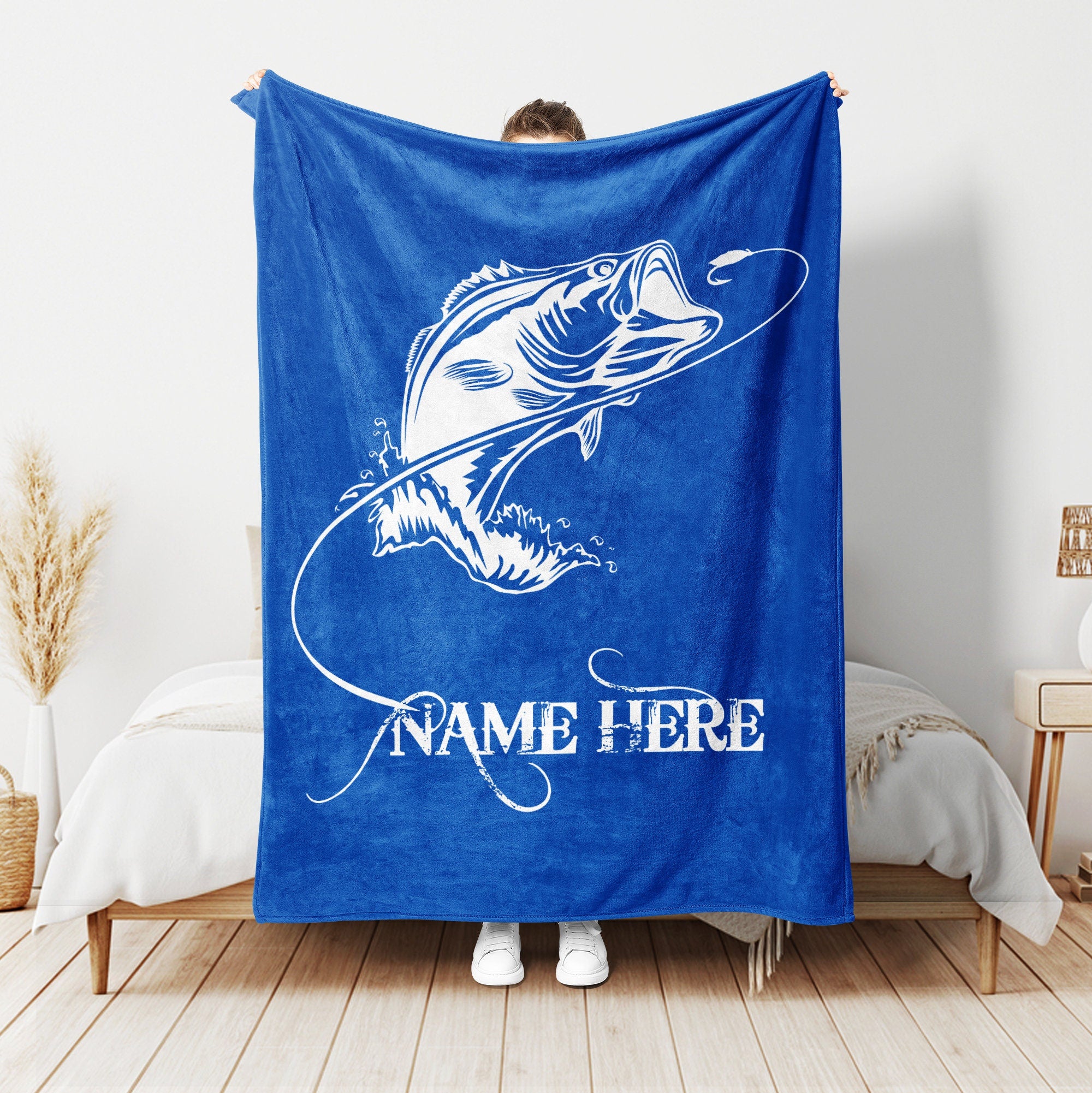 Petmytshirt Fishing Blanket Bass Fish Blanket Custom Name Gift For Fisherman Grandpa Dad Son